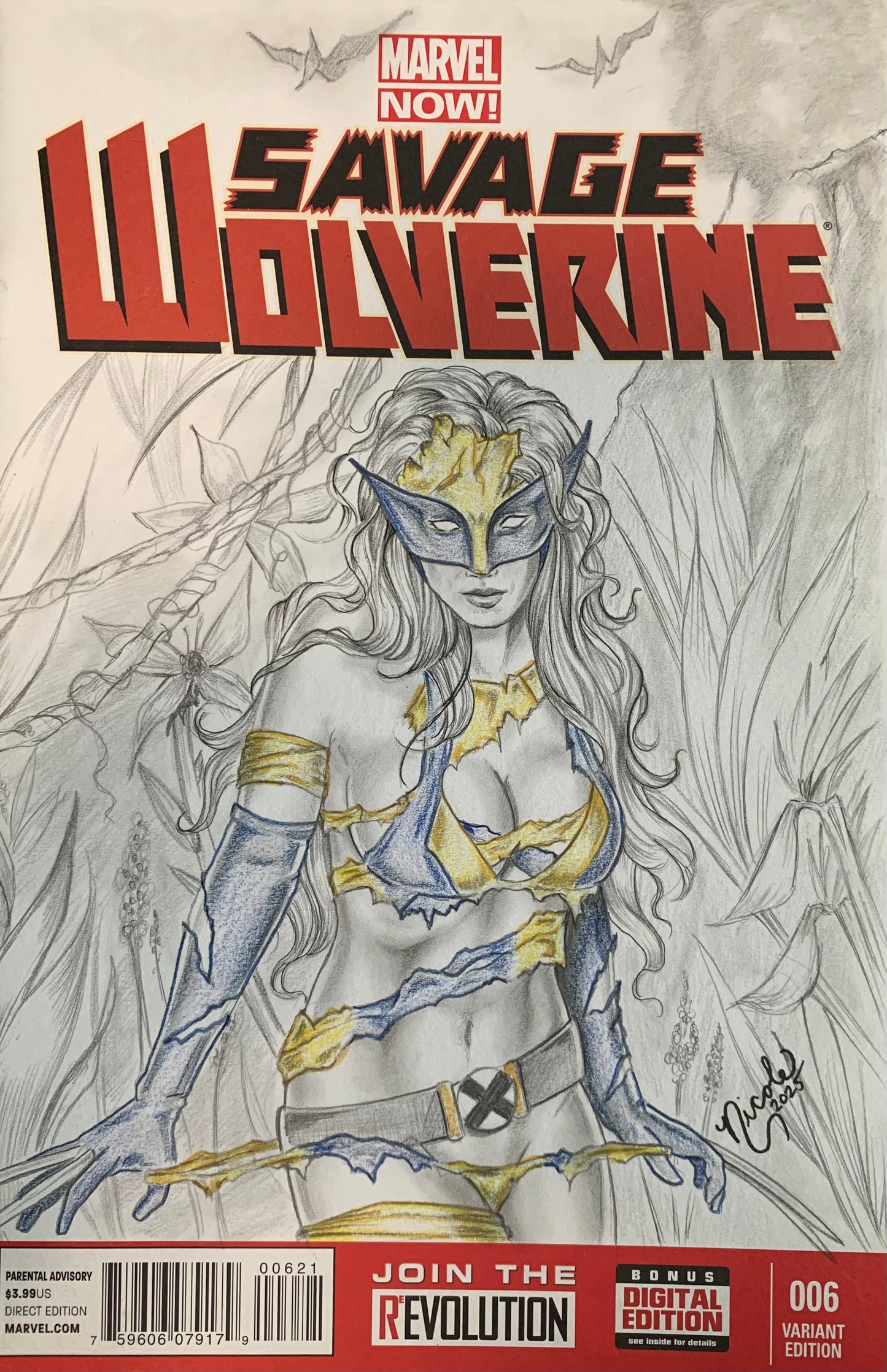 X-23 original pencil and colored pencil sketch by Nicole Brune on Savage Wolverine #6 Blank Sketch Cover