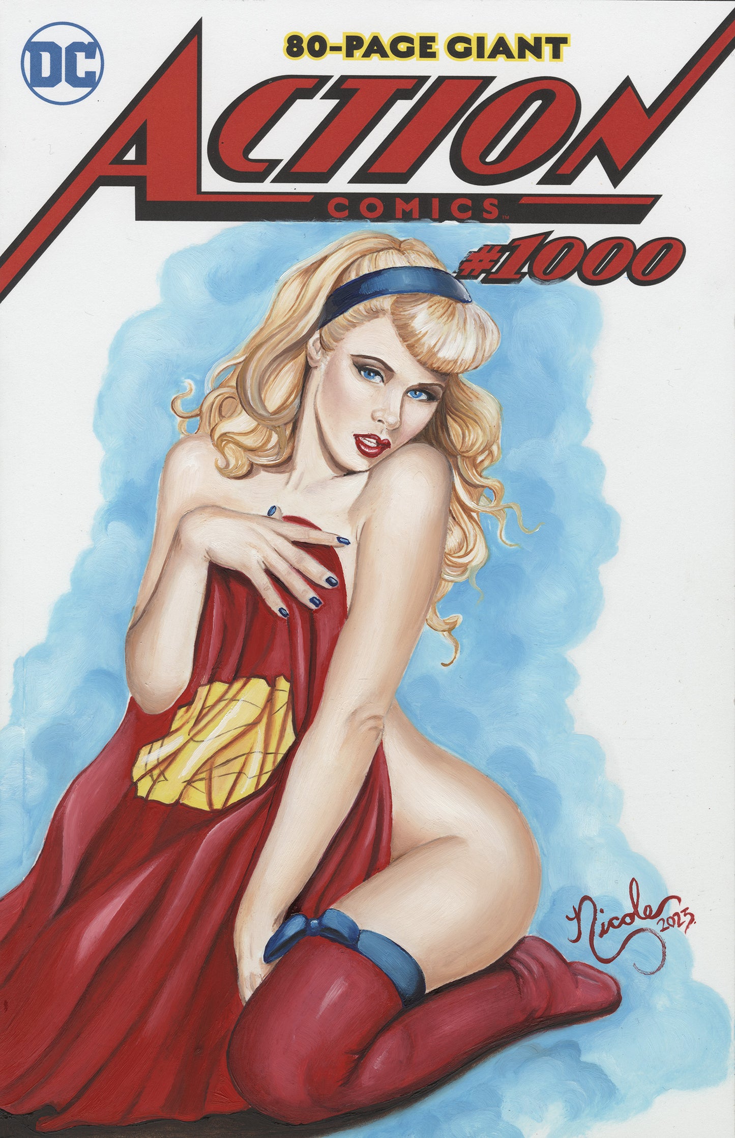 Super Girl original oil painting by Nicole Brune on Action Comics #1000 Blank Sketch Cover
