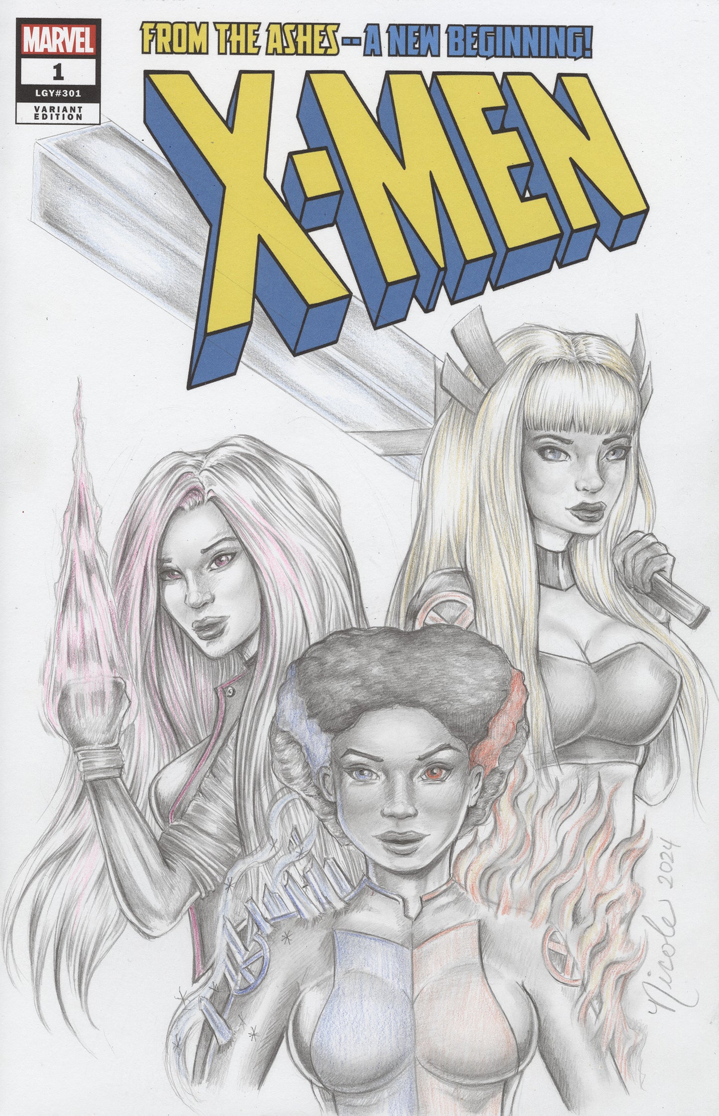 X-Girl Trio original pencil and colored pencil sketch by Nicole Brune on X-Men #1 Blank Sketch Cover