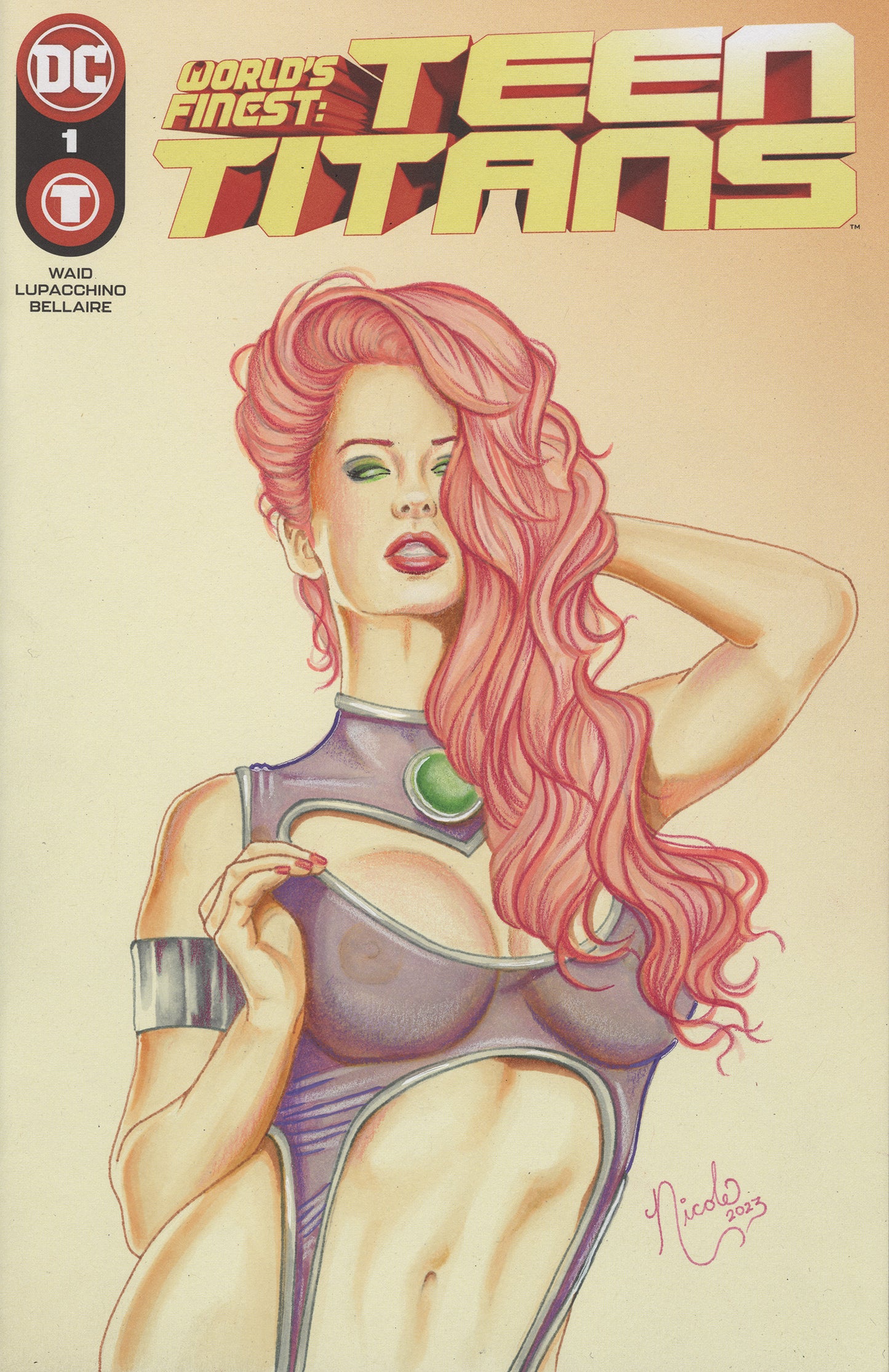 Starfire original pencil and colored pencil sketch by Nicole Brune on Teen Titans #1 Blank Sketch Cover