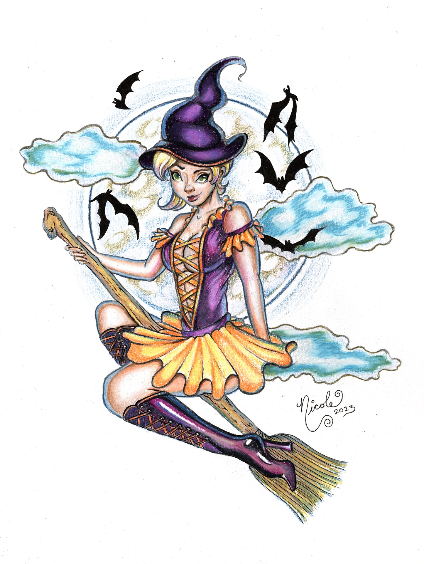 Witch cartoon original artwork by Nicole Brune