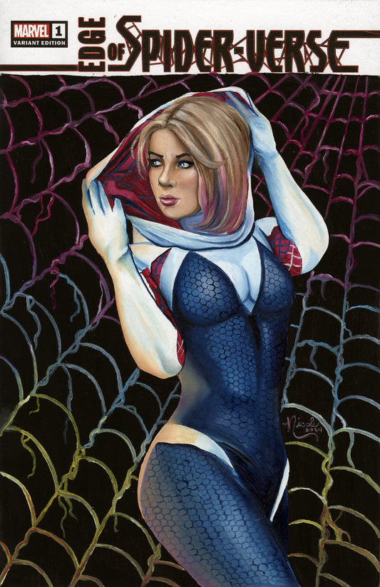 Spider-Gwen original oil painting by Nicole Brune on Edge of Spider-Verse #1 Blank Sketch Cover